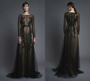 Chana Marelus Black Prom Dresses Z Długim Rękawem Slim Fit 3D Kwiatowe Aplikacje Zroszony Illusion Sexy Formal Dress Party Wear Custom Made