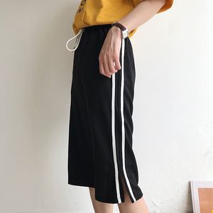 2018 Summer Skirts Womens Elastic High Waist Side Stripe Split Midi Pencil Skirt Female Drawstring Jupe Femme Faldas Saia
