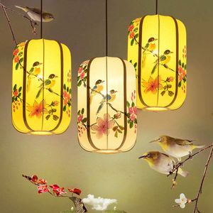 Chinese Hand-Painted Lanterns Restaurant Pendant Light Balcony Corridor Hanging Lamp Pastoral Birds Bedroom Dining Room Pendant Lamps