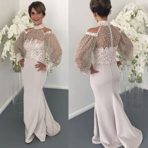 Elegant High Neck Lace Mother of the Bride Dresses Long Sleeve Beads Mermaid Wedding Guest Dress Plus Size Formal Evening Gowns