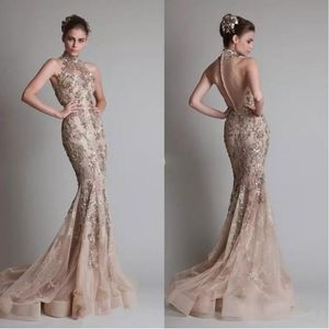 Zuhair Murad 2020 Evening Dresses High Neck Sweep Train Champagne Mermaid Prom Gowns Appliques Buttons Back Special Occasion Dress