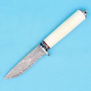 Hochwertiges Damast-Jagdmesser, Damaststahlklinge, Knochengriff, feststehende Messer mit Lederscheide