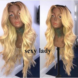 Ombre Blonde Synthetic Lace Front Wigs For Women middle part body Wave wig for black women Heat Resistant can do ponytail
