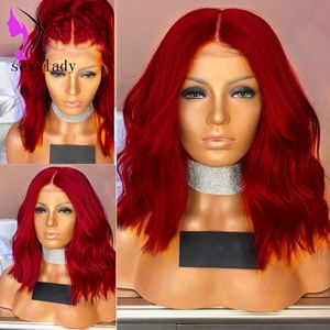 Czerwona naturalna fala krótka koronka przednia peruka syntetyczna włosy odporne na ciepło ręcznie wiązane Cosplay Party Bob Peruki dla kobiet Masquerade Makeup