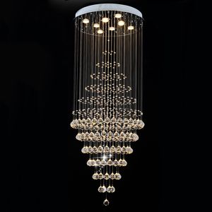 Runde LED-Kronleuchterleuchte, klare K9-Kristallbeleuchtung, Regentropfen-Hängelampen, D60 cm, H180 cm, 8 GU10-Deckenleuchten