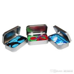 Set di kit di stoccaggio in silicone di latta 4 in 1 con 2 pezzi 5ml Contenitore di cera siliconica Base per barattolo di olio Strumento dabber in argento Custodia in metallo portatile