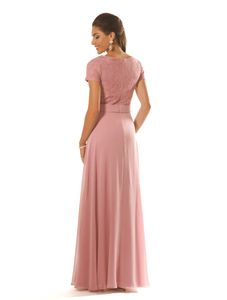 Dusty Pink Long Modest Bridesmaid Dresses With Short Sleeves Jewel Lace Bodice Chiffon Formal Evening Maids Of Honor Dresses Custo241G