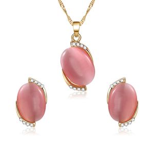 Mode kvinna fancy natyral rosa ädelsten sten halsband örhängen smycken set metallkedja halsalce för gåva