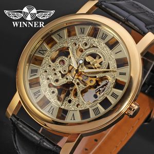 Vincitore meccanico da uomo nuovo orologio da polso scheletro color oro cinturino in pelle nera Scheletro Design Orologio Orologi da uomo Orologio di lusso da uomo