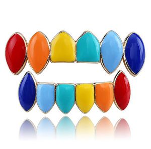 Hot Hip Hop Gold Rainbow Teeth Grillz Top&Bottom Set Colorful Grills Dental Halloween Vampire Teeth Cap Fashion Jewelry