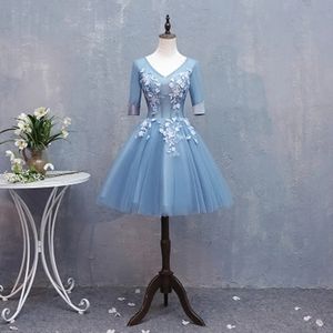 2018 Sexy V-Neck Appliques Short Prom Dresses With 3/4 Long Sleeve Tulle Homecoming Cocktail Party Special Occasion Gown Vestido Fiesta BH17