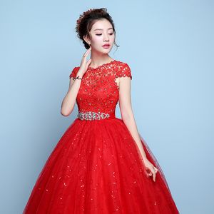 2018 Nowa Moda Suknie ślubne O-Neck Krótki Rękaw Zroszony Sashes Biała Suknia Balowa Lace Up Sukienka Bridal Vestidos de Novia