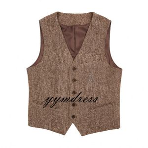 Wool Brown Groom Vests Tweed Herringbone For Wedding Groomsmen Vests Men's Suit Vests Dress Vest Waistcoat Dress Prom Party Custom Made