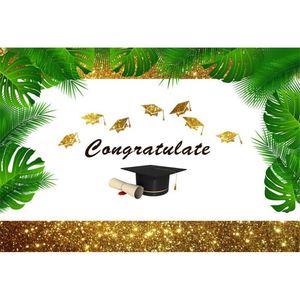 Gold Shimmers Graduation Party Theme Photography Backdrops Printed Green Leaves Bachelor Caps Kids Children Photo Studio Backgrounds