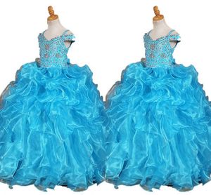 Ruffles Pageant Dresses na małe dziewczynki zimne ramię frezowanie kryształowe cekiny organza sepcial okazji sukienki berbeć kwiat dziewczyna sukienka