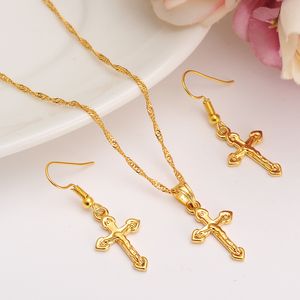 Special Design Christian Vogue True Real 24K Solid Fine Gold GF Crucifix Cross Timeless Charm Earrings Pendant Chain Set