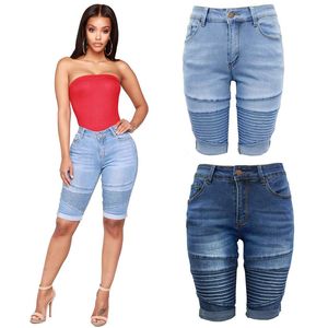 Women Skinny Jeans Biker Short Jeans Cuffs Knee Length Mid Waist Casual Slim Fit Female Trousers