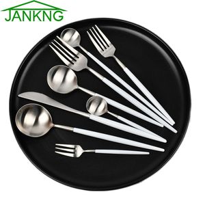 Jankng 1-кухозная посуда белый серебристый нержавеющая столовая посуда серебро наборы ужин нож вилка радужные столовые приборы набор посуды