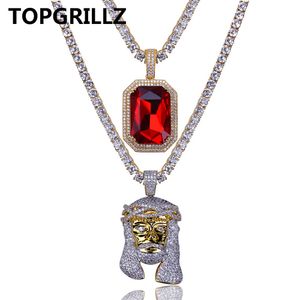 TOPGRILLZ Collana Hip Hop Colore oro ghiacciato Micro Pave CZ Collana con pendente faraone in pietra rossa con catena da tennis in pietra CZ