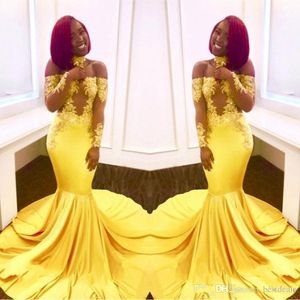 Yellow New Elegant Off the Shoulder Lace Prom Long Sleeves Mermaid Appliques Satin Arabic Evening Gowns Formal Dresses
