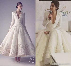 Sonam Kapoor in Ashi Studio Evening Dresses 2020 Vintage Tea-length Formal V-neck Long Sleeve Middle East Arabic Occasion Prom Dress