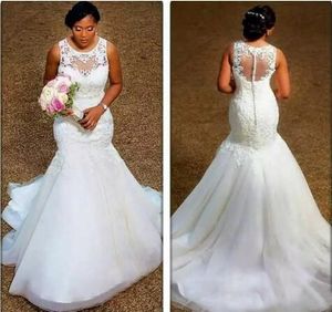 Sereia Elegante Vestidos De Casamento Sheer Neck Apliques De Renda De Tule Plus Size Vestidos De Noiva Barato Vestidos De Noiva Ilusão De Volta