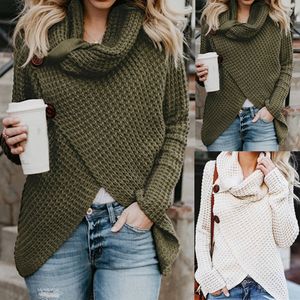 Pullovers Knitted Women Sweaters Long Sleeve Autumn Female Knitting Warm Button Scarf Neck Irregular Sweater Plus Size Top