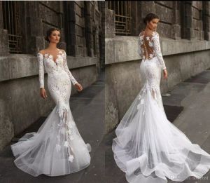 Mütevazı Mermaid Gelinlik Uzun Kollu Sheer Ile Jewel Boyun Dantel Aplikler Sweep Tren Plaj Gelinlik Artı Boyutu Vestido De Novia