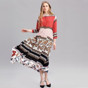 Spring ladies Print dress color block Elegant Dresses for women apel swing muslim maxi shirt long dress Female Red