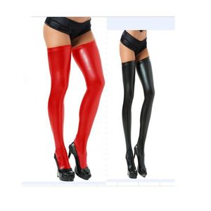 Kobiety Czarny Czerwony Srebrny PVC Faux Skórzane pończochy Lady's Wet Look Latex Udo Wysoki Pończochy Egzotyczne Sexy Bielizna DS Clubwear