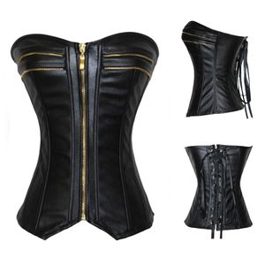 Steampunk sexig svart faux läder spänne overbust halter corset topp midja corselet burlesque kostym push up corsets