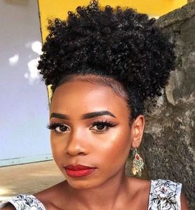 Short High Afro Bun Puff Brazilian Virgin Hair Kinky Curly Peny Trail Extensions 120g Afro Puff Ponytail för svarta kvinnor