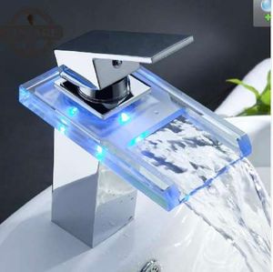 LED luz quadrada de vidro cachoeira banheiro banheiro torneira água potente bacia led misturador 3 cores mudança LED