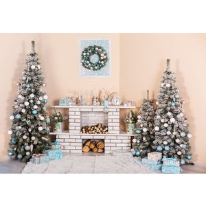 Açık Pembe Duvar Garland Şömine Zemin Baskılı Hediyeler Beyaz Mavi Toplar Dekore Noel Ağaçları Bebek Çocuk Fotoğraf Arka