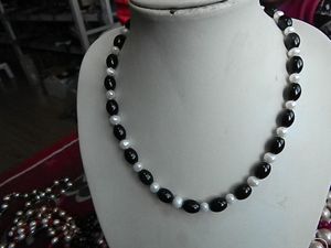 Handgeknüpfte schöne natürliche 8x12mm Reisform schwarze Achat weiße Perlenketten 50cm 2Teil/Los Modeschmuck