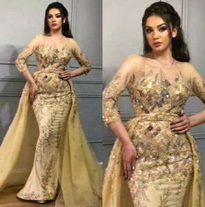 Yousef aljasmi Mermaid Evening Dresses Sheer Neck 3/4 Long Sleeve Beaded Prom Dress With Overskirt Saudi Arabic Formal Part Gowns