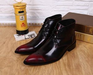 2018 High Man Boots Red Wine with pointed toe Man short boots male shoe brush color skin Pointed toes stylist Man boots Big Sizes EU38 to 46