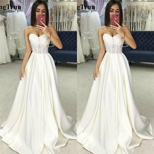Elegant Satin A Line 2019 Wedding Dresses Sweetheart Strapless Lace Appliqued Illusion Bodice Bridal Gowns Sweep Train Wedding Dress