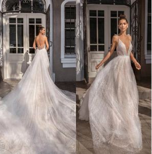Elihav Sasson 2019 Backless Wedding Dress Spaghetti V Neck Crystals Bridal Gowns Custom vestido de novia Beading Wedding Gowns