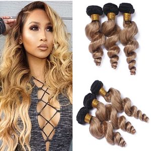 Ombre Honey Blonde Peruvian Virgin Human Hair Weaves Double Wefts 3Pcs Loose Wave 1B/27 Light Brown Ombre Human Hair Bundles Deals 10-30"
