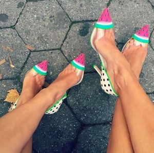 Sapatos femininos de verão 2018 impressos em melancia bombas transparentes saltos finos em pvc sapatos femininos cores misturadas sapatos de salto alto pontiagudos