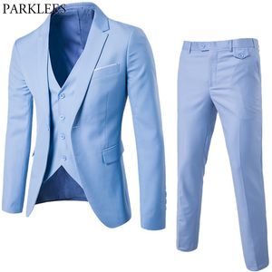 Light Blue Business Mens Garnitury 3 Piece Suit (Jacket + Spodnie + Kamizelka) Ślub Tuxedos Groomsmen Formalny garnitur dla mężczyzn Terno Masculino