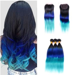 Three Tone 1b Blue Green Straight Hair Extension With Lace Closure Light Green Ombre Hair Weft 3 Bundles With Lace Closure Deals