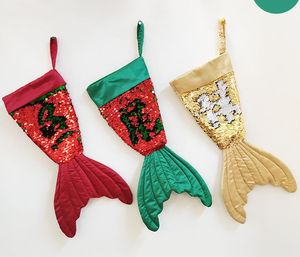 Sequined Mermaid Tail Christmas Stocking Fishtail Santa Claus Candy Gift Bag Hållare Xmas Socks Party Home Dekorativa Presents Wrap Package