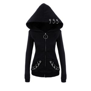 Mulheres Punk Style 2018 Autumn Winter Black Fleece Hoodie Sorto Ringas de Ferro com zíper Capuz Cool escuro Hoodies góticos