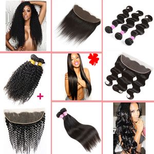 8A Brazilian Hair Bundles with Frontal Body Wave,Straight,Kinky Curly Virgin Hair Human Hair Weaves and Ear to Ear Lace Frontal Closure