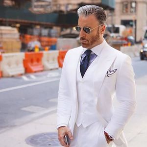 Fashionable One Button White Wedding Groom Tuxedos Peak Lapel Groomsmen Mens Dinner Prom Suits (Jacket+Pants+Vest+Tie) NO:1495