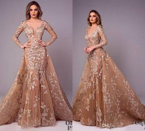 Tony Chaaya 2018 Suknie wieczorowe Mermaid z odpinanym ponadgrzewani długimi rękawami Prom sukni koronki Aplikacja Illusion Plus Size Formalna sukienka