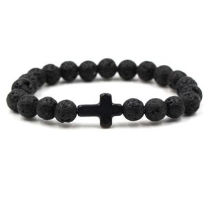 Hot 8mm Lava Rock Perlen Armbänder Mode Naturstein Charme Schmuck Punk 8 Farben Türkis Kreuz Armreifen Stein Manschetten Armband