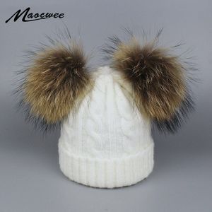Chapéu de inverno de pele real guaxinim dois pom pom chapéu para mulheres marca grossa chapéu meninas bonés gorros de malha atacado d18110102